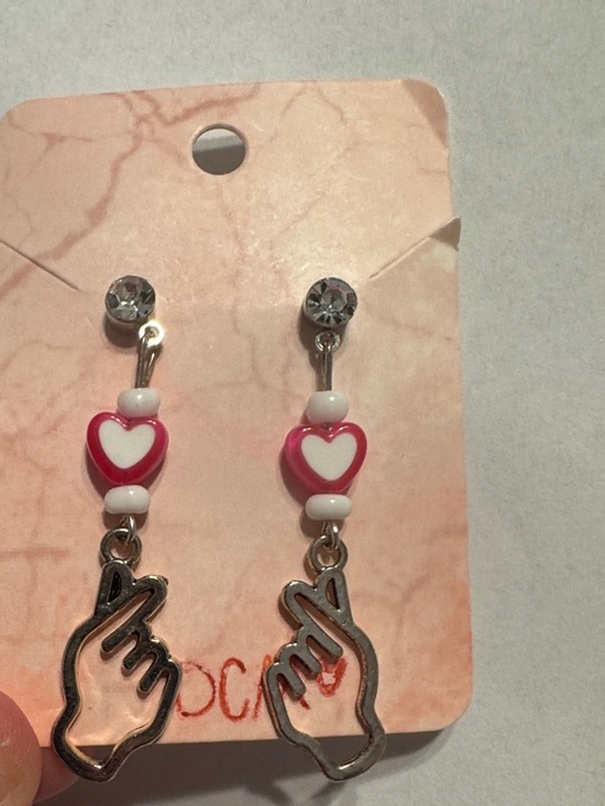 Jewelry - Silver‎ Hand & Pink Heart Drop Earrings - Women Jewelry